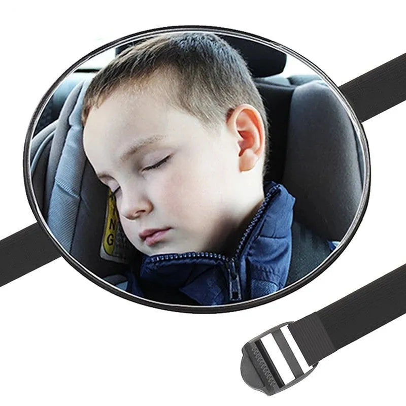 Black universal baby safety seat rearview mirror with 17cm glass and locking ribbon