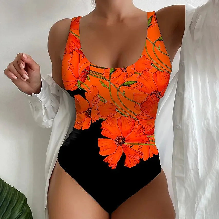 Women's orange red one-piece swimsuit with 3D printed pattern, sizes S to 2XL.