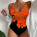 Women's orange red one-piece swimsuit with 3D printed pattern, sizes S to 2XL.