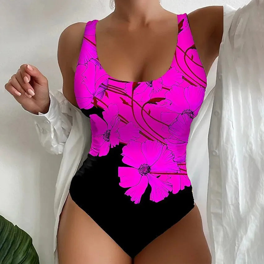 Women's orange red one-piece swimsuit with 3D printed pattern, sizes S to 2XL.