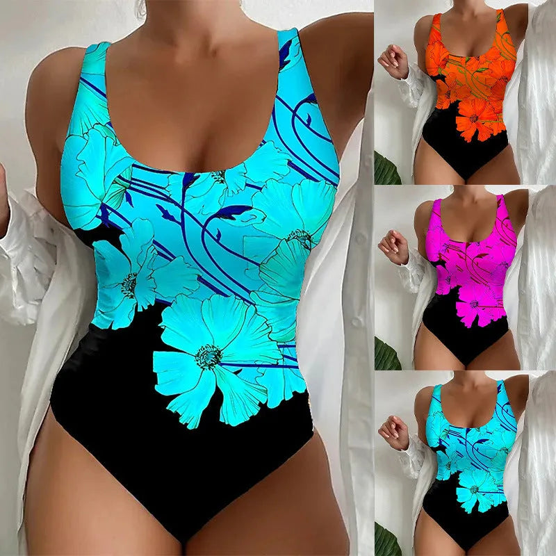 Women's orange red one-piece swimsuit with 3D printed pattern, sizes S to 2XL.