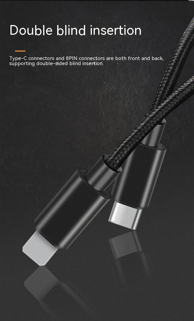 Black braided PD data cable 1 metre with 20W fast charge support for 8PIN devices