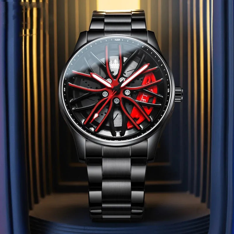 Men's wheel rotating quartz watch 42mm black steel bracelet all black face with gold accents