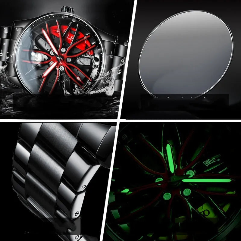 Men's wheel rotating quartz watch 42mm black steel bracelet all black face with gold accents