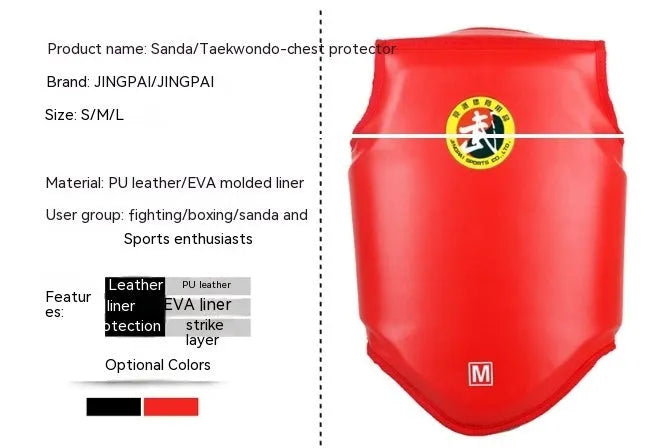 Red boxing helmet and one-piece chest protector set for training, shown in size medium.