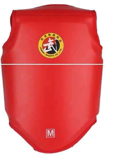 Red boxing helmet and one-piece chest protector set for training, shown in size medium.