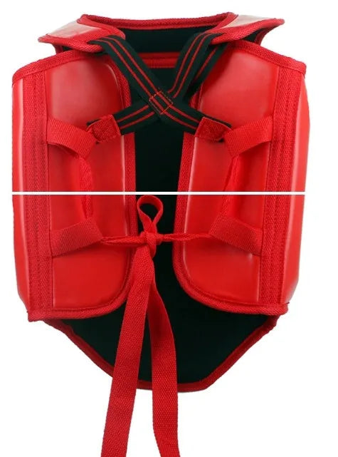 Red boxing helmet and one-piece chest protector set for training, shown in size medium.