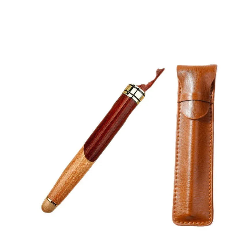 Wooden fountain pen with metal nib shown with a fabric protective pen bag