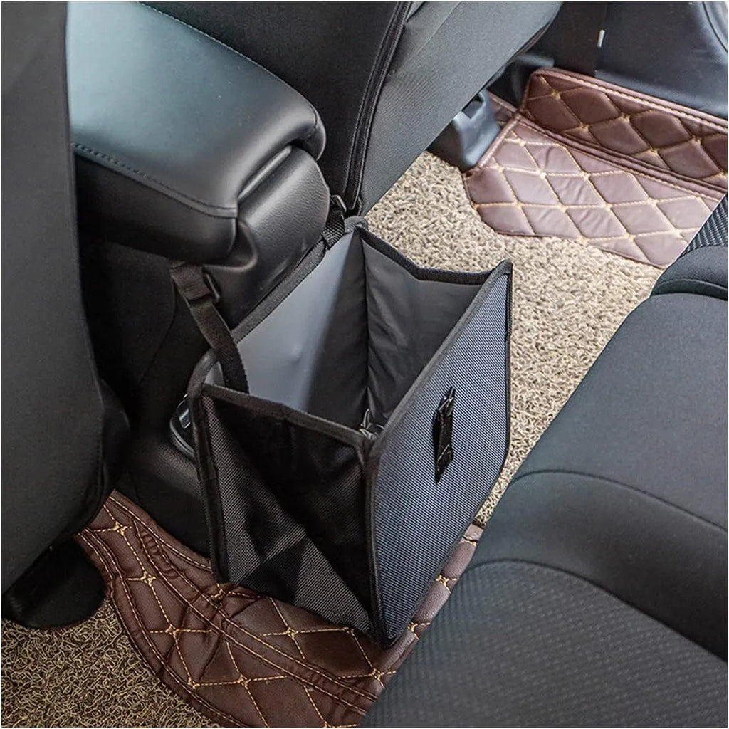 Black Oxford cloth car folding trash can showing expanded 22cm square shape and hanging strap