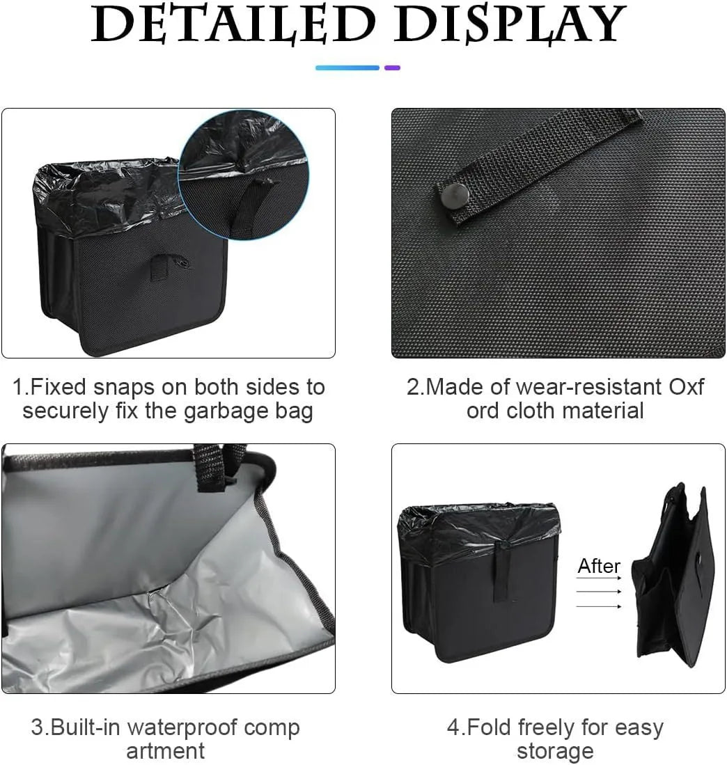 Black Oxford cloth car folding trash can showing expanded 22cm square shape and hanging strap