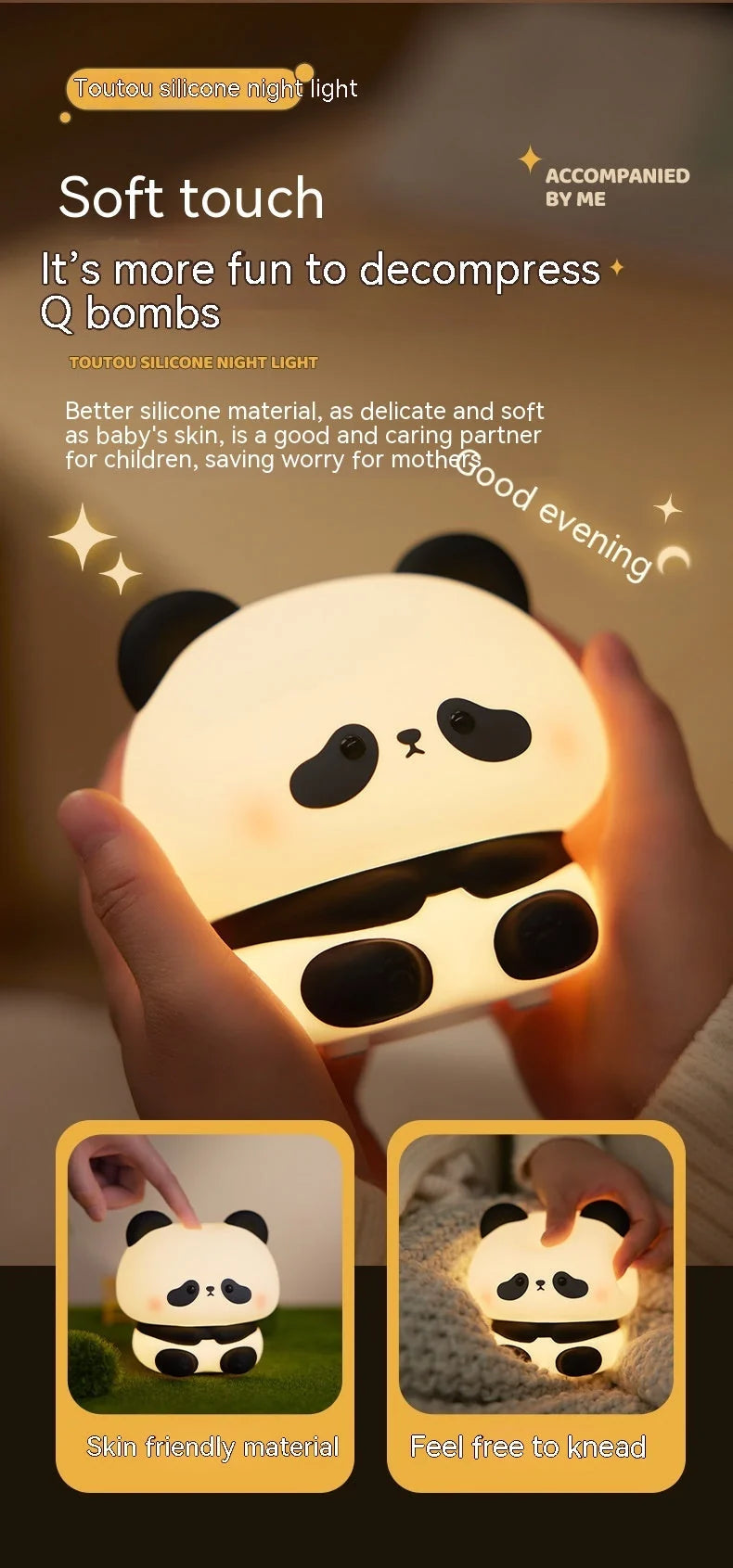 Panda LED Night Light with adjustable colors and USB rechargeable battery