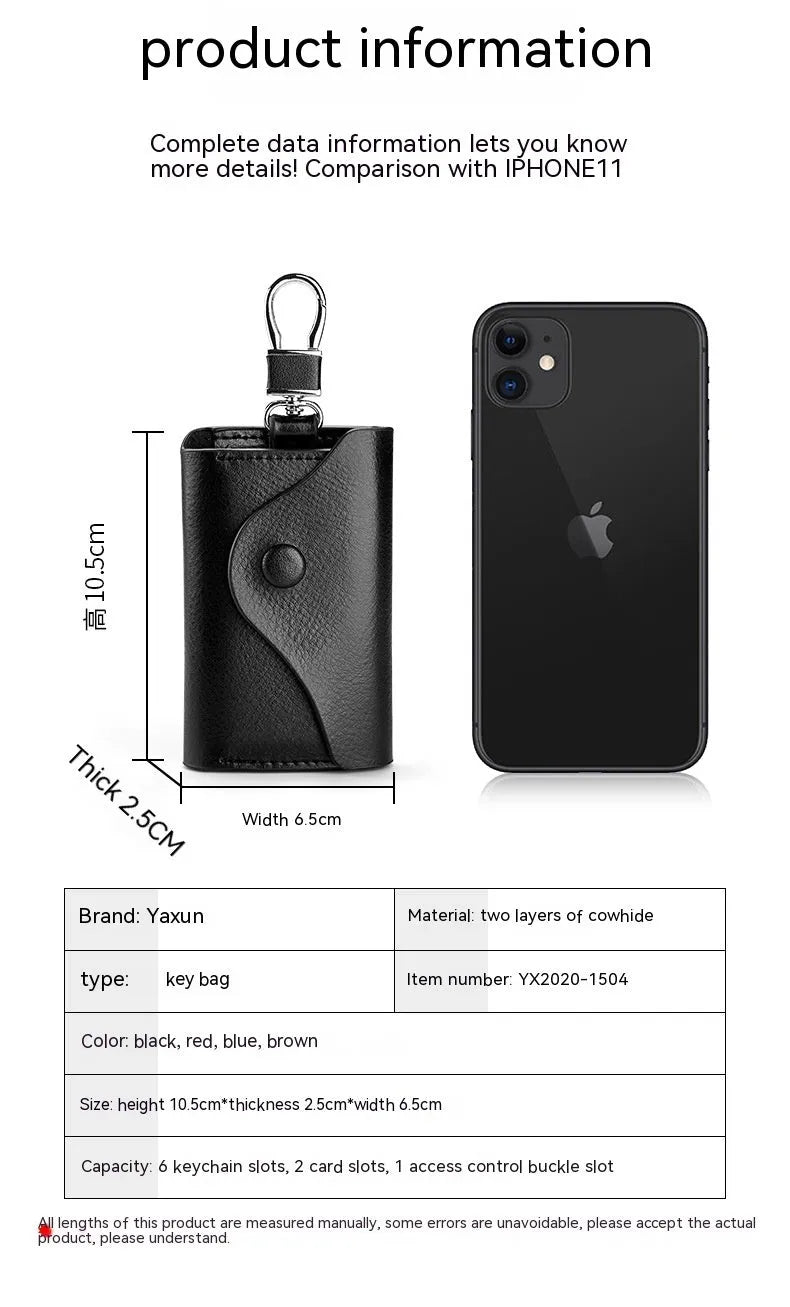 Genuine leather keychain card holder in square vertical format with internal key mapping