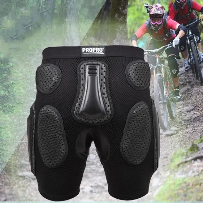 Black cycling hip pad protection pants showing hip guard area and size options S M L XL