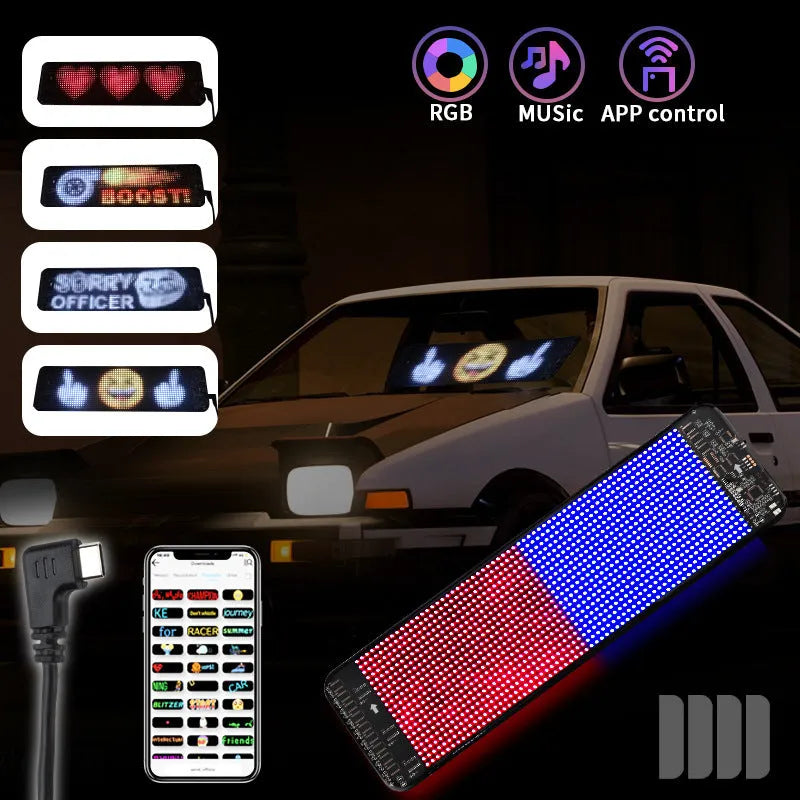 Flexible black Bluetooth LED screen for car rear windshield display with USB cable
