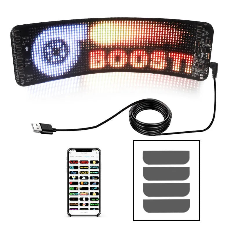 Flexible black Bluetooth LED screen for car rear windshield display with USB cable