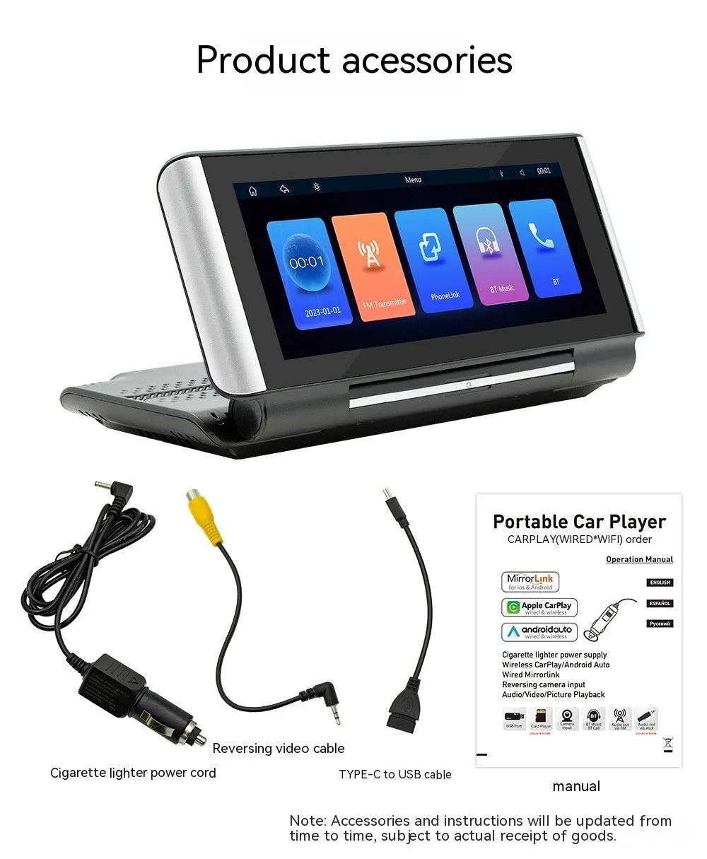6.86-inch wireless CarPlay MP5 player for car dashboard with cables for power and camera.