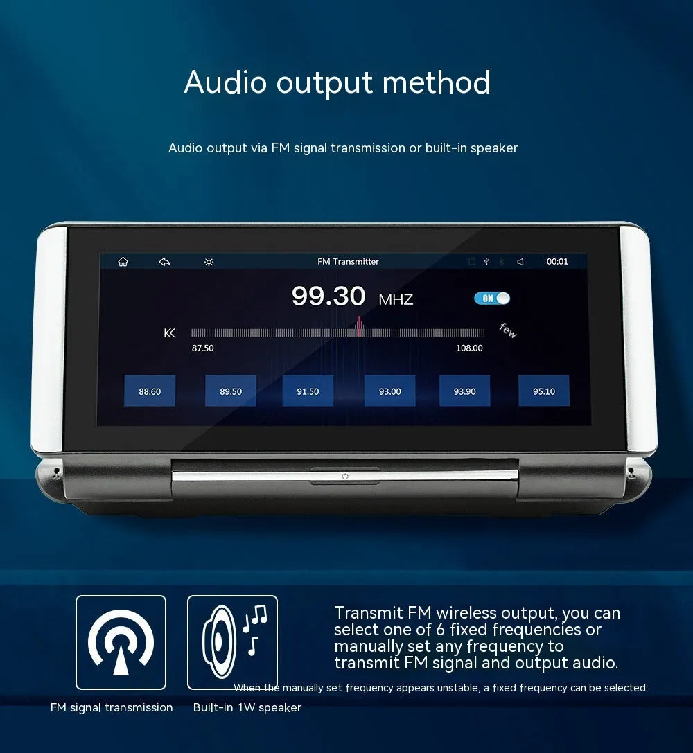 6.86-inch wireless CarPlay MP5 player for car dashboard with cables for power and camera.