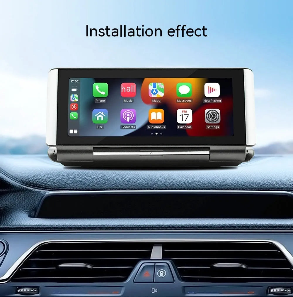 6.86-inch wireless CarPlay MP5 player for car dashboard with cables for power and camera.