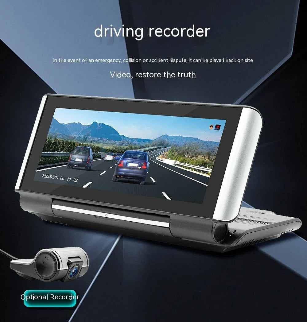6.86-inch wireless CarPlay MP5 player for car dashboard with cables for power and camera.