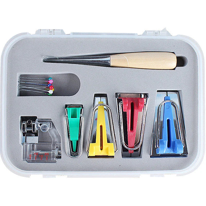 Versatile sewing accessories kit with adjustable presser feet, awl, and beads for DIY projects