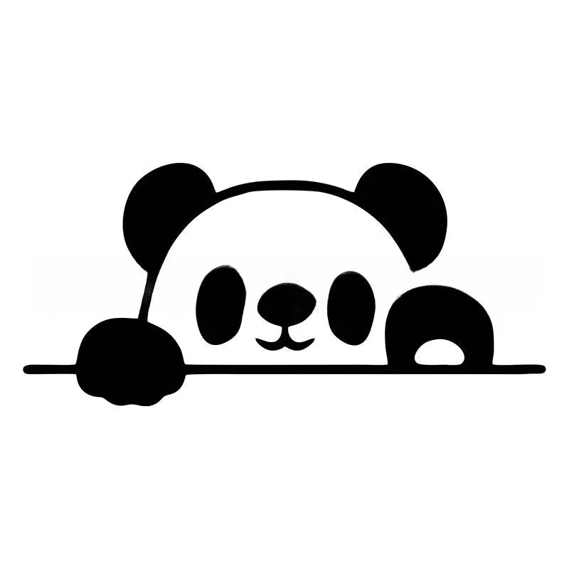Close-up of a black and white peeking panda design on a vinyl car sticker.