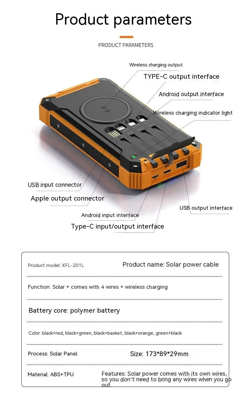 Portable solar power bank with wireless charging, plastic shell, 173x89x28mm, in orange black colour option.