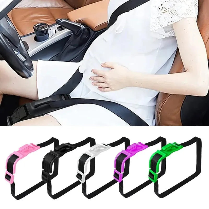 Universal car safety belt adjuster for pregnant women shown in black, green, pink, and white colour options.