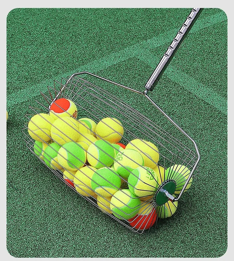 Stainless steel roller tennis ball picker with adjustable collection basket on tennis court