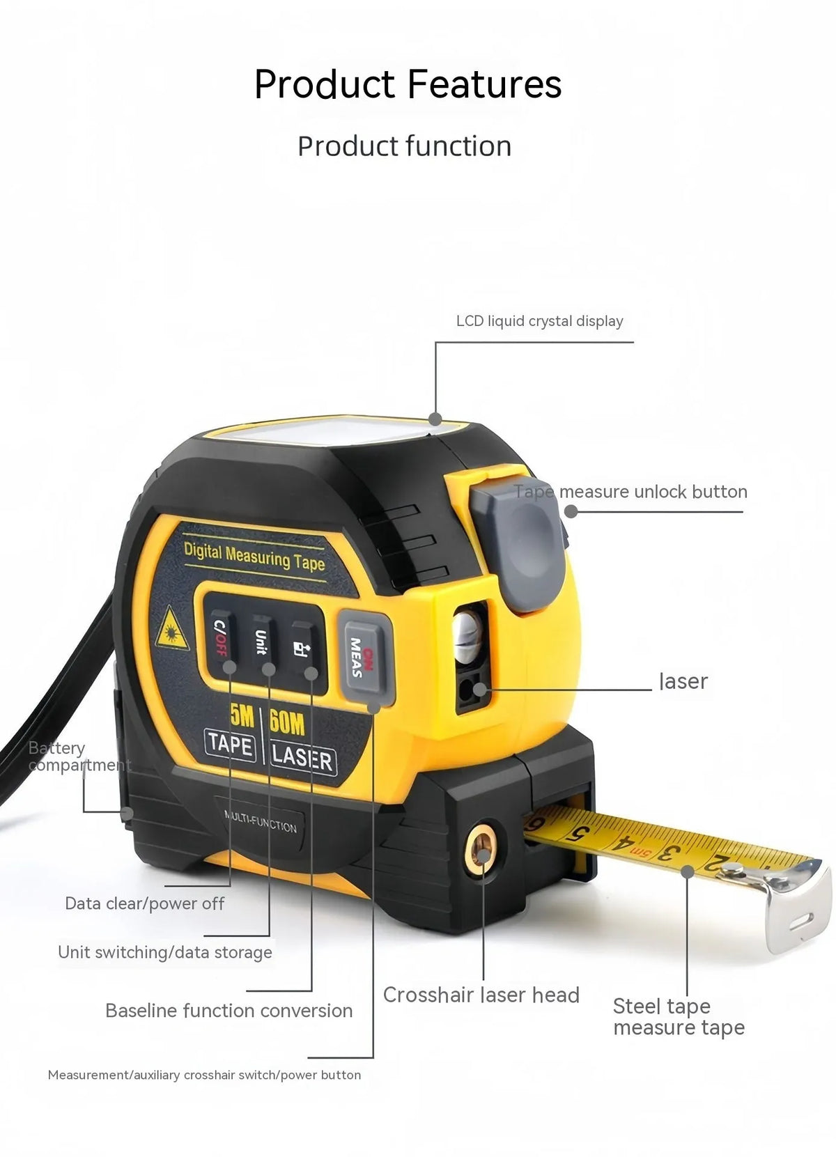 Laser range finder infrared distance measuring tool ABS TPR body 40m or 60m range blue or yellow colour