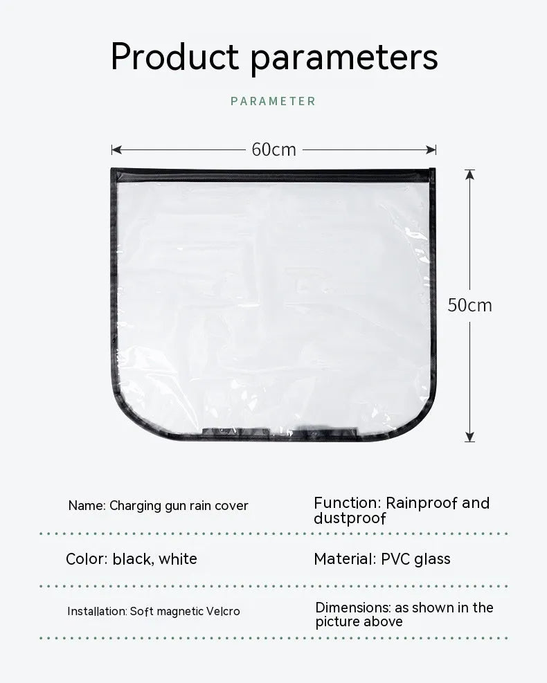 Black PVC electric vehicle charging gun rain cover with magnetic strips.