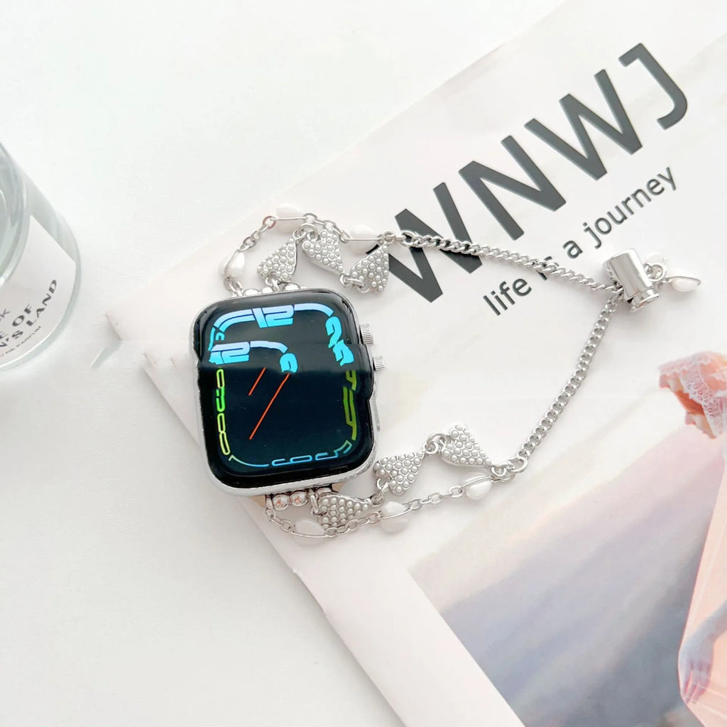 Love Bracelet Pearl Chain Metal Strap Watch Band for 38mm to 49mm smartwatch in gold finish