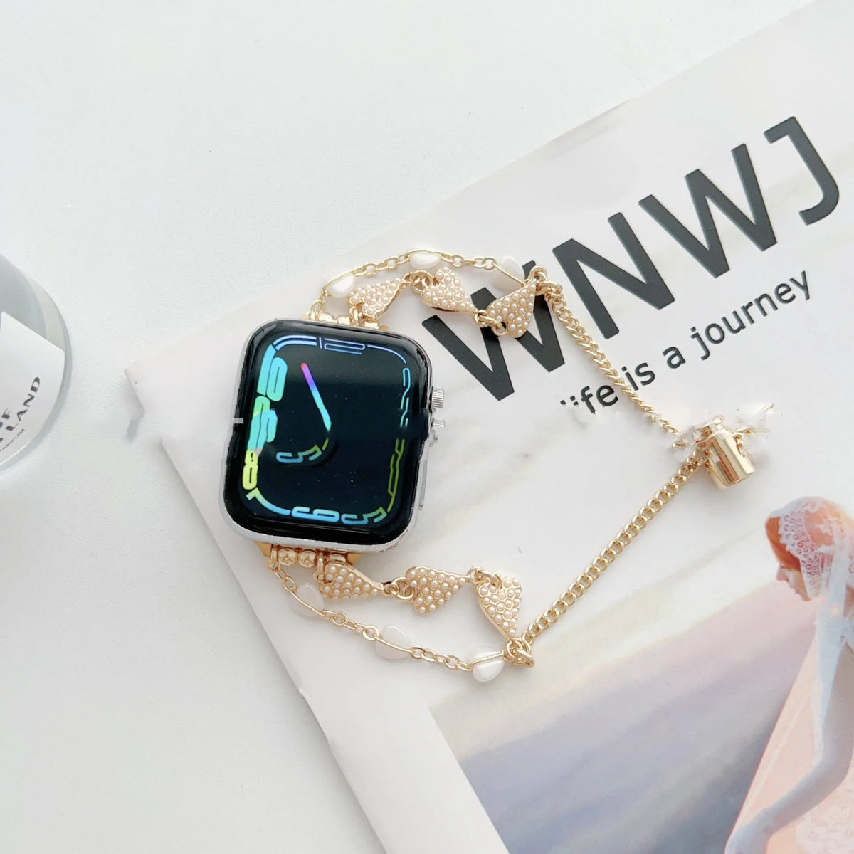 Love Bracelet Pearl Chain Metal Strap Watch Band for 38mm to 49mm smartwatch in gold finish