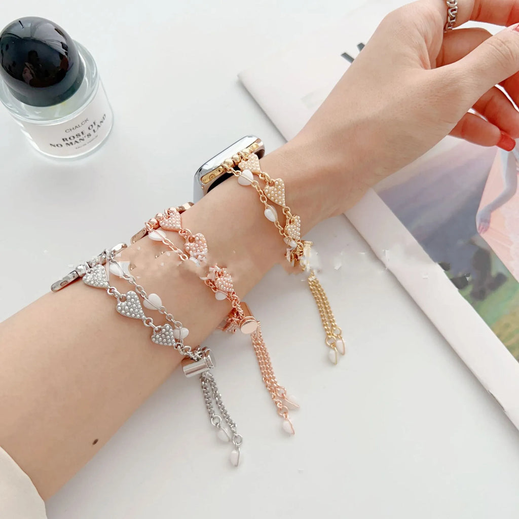 Love Bracelet Pearl Chain Metal Strap Watch Band for 38mm to 49mm smartwatch in gold finish