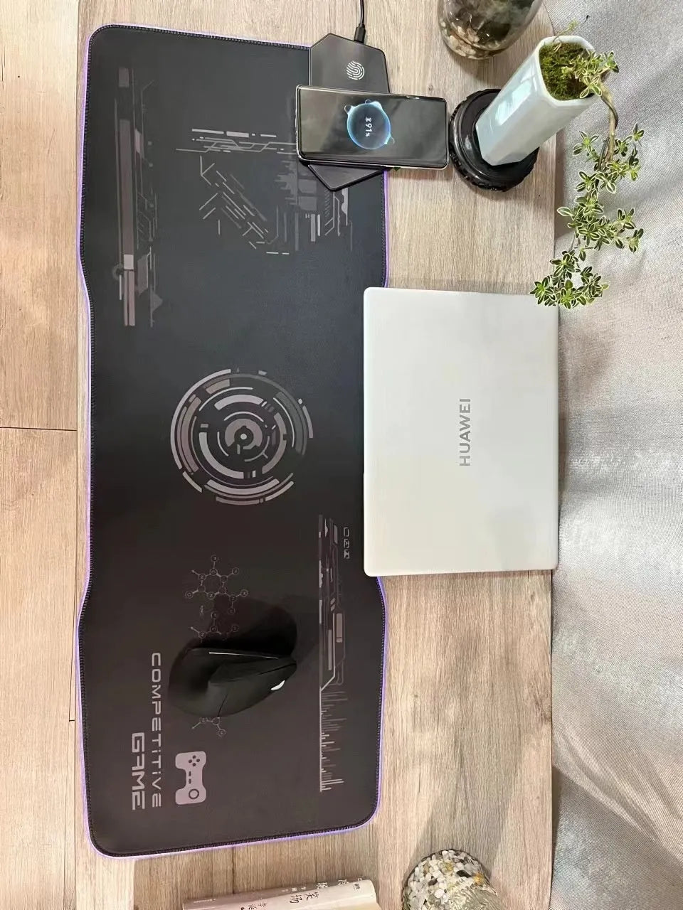 Black mech style gaming mouse mat with TYPC interface, 300x800mm dimensions on natural rubber base