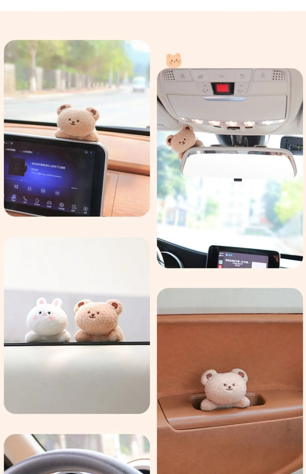 Fabric plush doll car centre console decoration in bear or rabbit cartoon designs