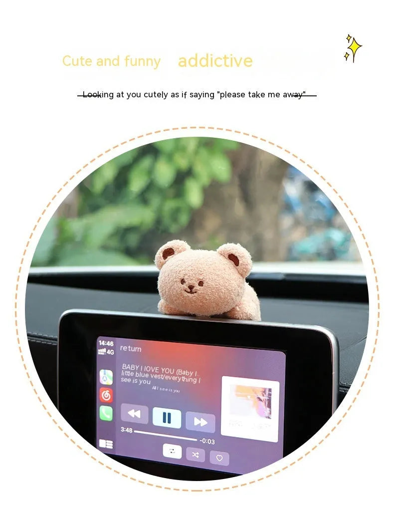 Fabric plush doll car centre console decoration in bear or rabbit cartoon designs