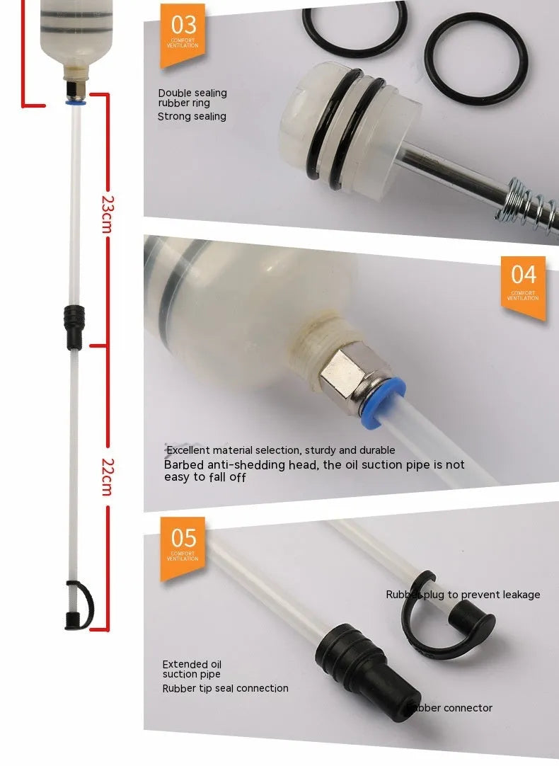Manual pumping barrel oil change tool with dual suction injection capability