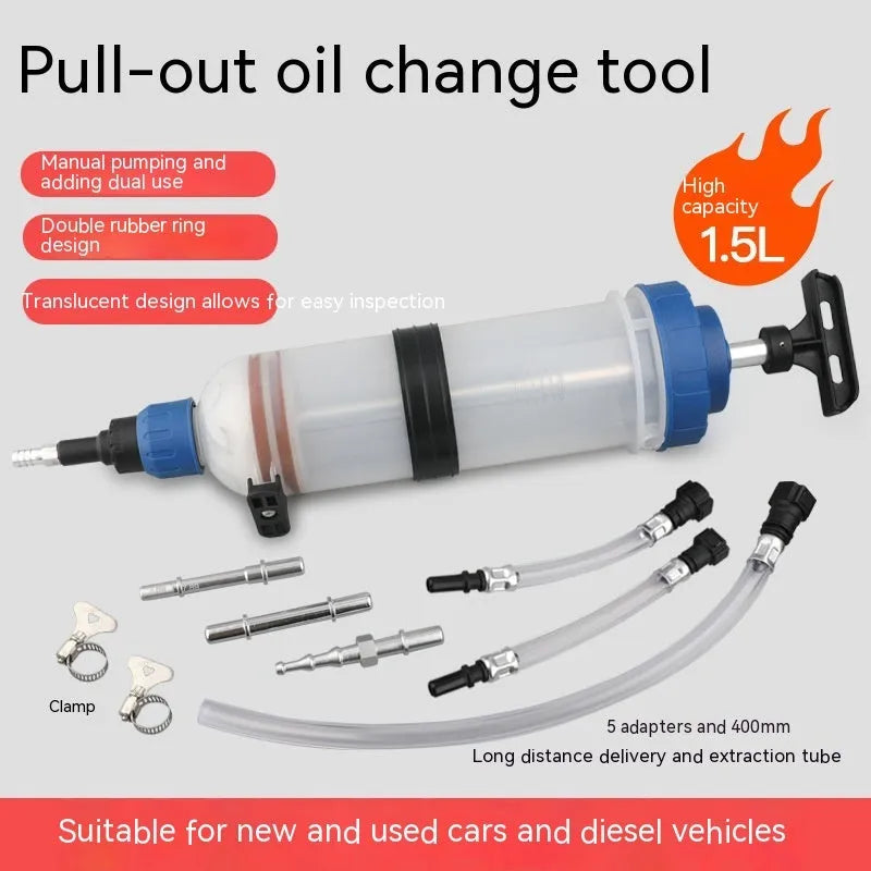 Manual pumping barrel oil change tool with dual suction injection capability