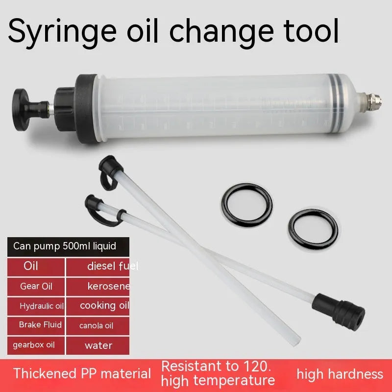 Manual pumping barrel oil change tool with dual suction injection capability