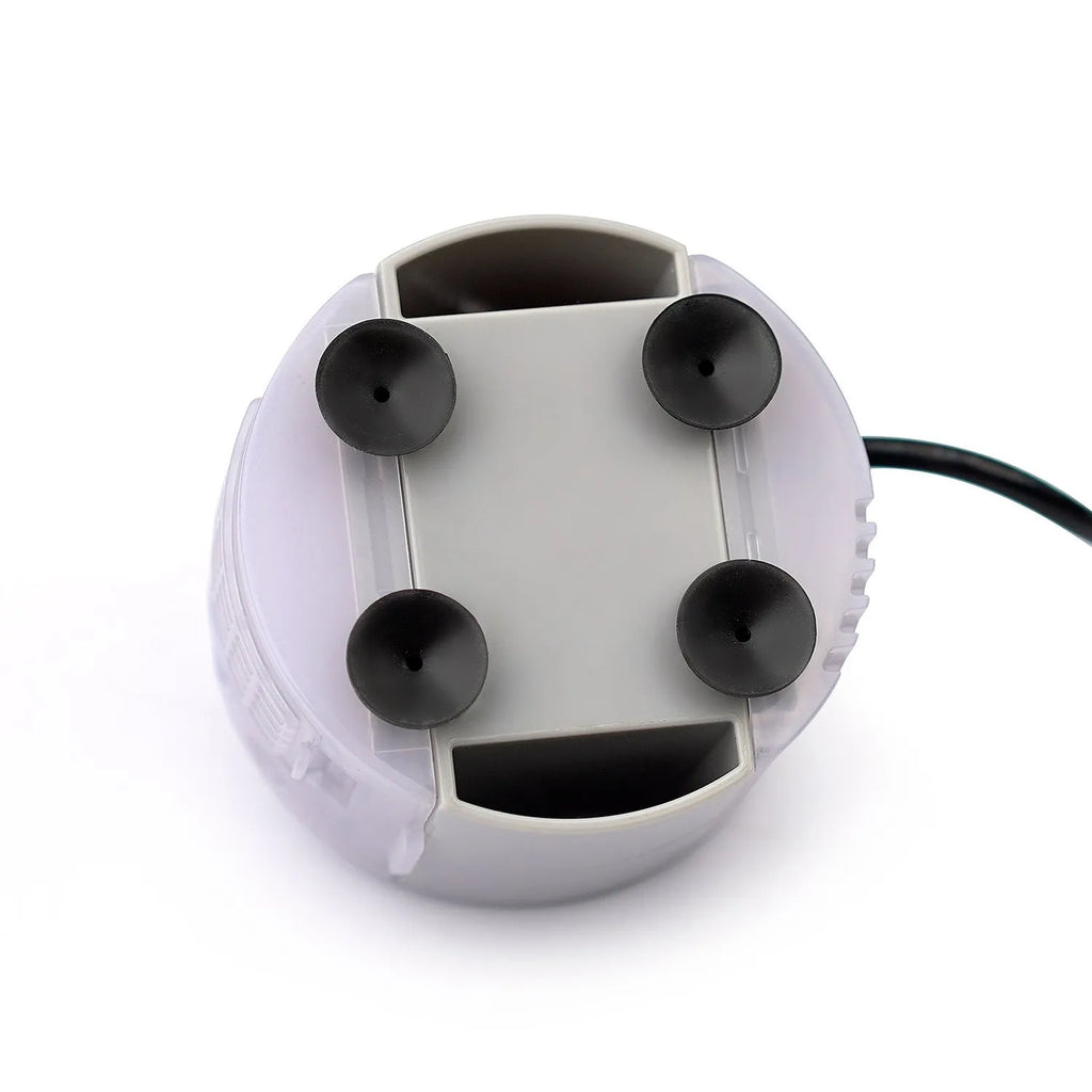 Cylindrical plastic pet water pump with three cleaning brushes on a white background