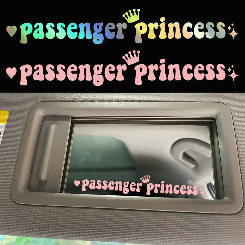 Passenger Princess text on a black plastic car sticker for rearview mirrors, showing 15cm length.