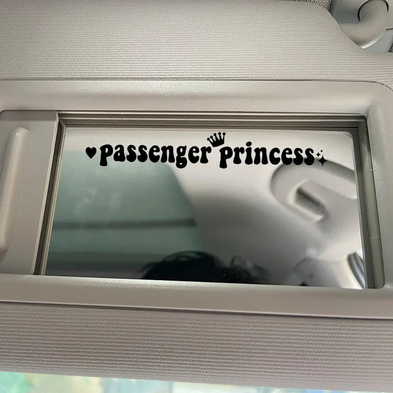 Passenger Princess text on a black plastic car sticker for rearview mirrors, showing 15cm length.