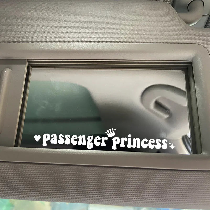 Passenger Princess text on a black plastic car sticker for rearview mirrors, showing 15cm length.