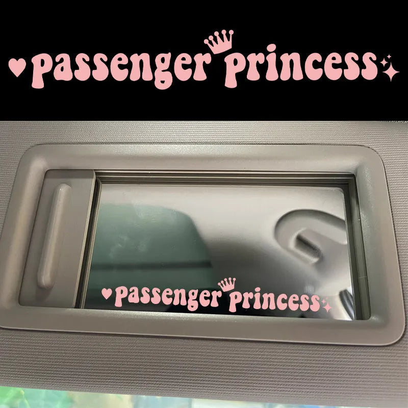 Passenger Princess text on a black plastic car sticker for rearview mirrors, showing 15cm length.