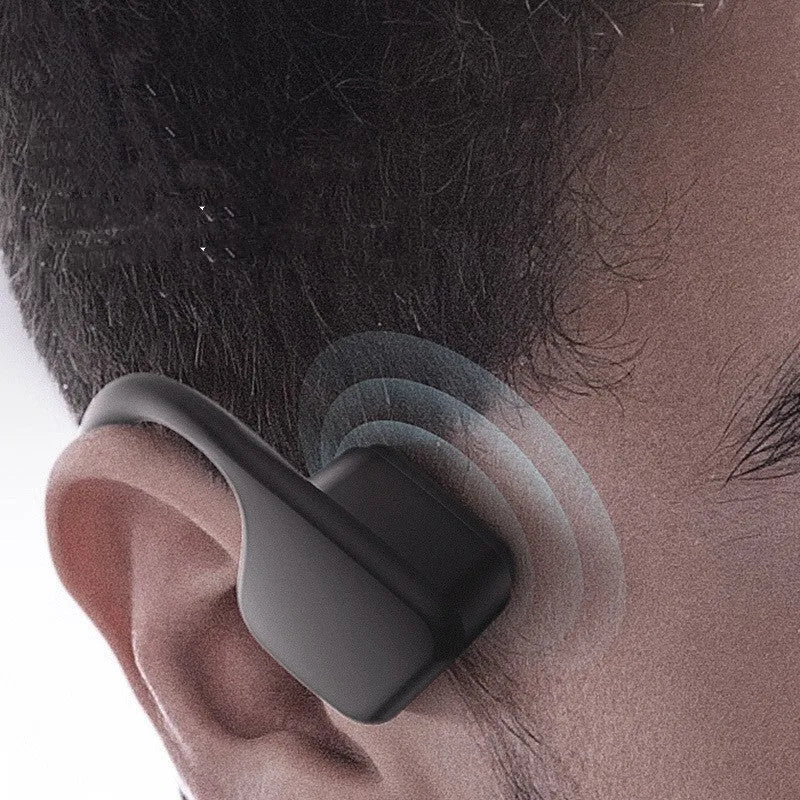 Black stereo waterproof wireless running headphones with hanging ear design