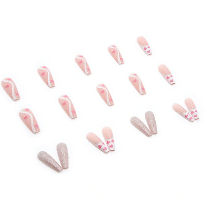 W097 shiny love pattern false nails in long ballet style with adhesive tube, 24-piece set