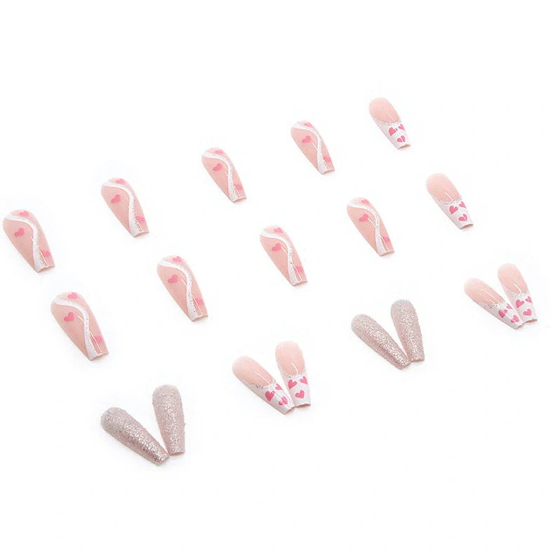 Wearable Finished Nail Beauty Love Fake Nails: 24-piece set with W097 shiny love design in long ballet style, includes nail glue for immediate application, suitable for various styles from sweet to French and ins style