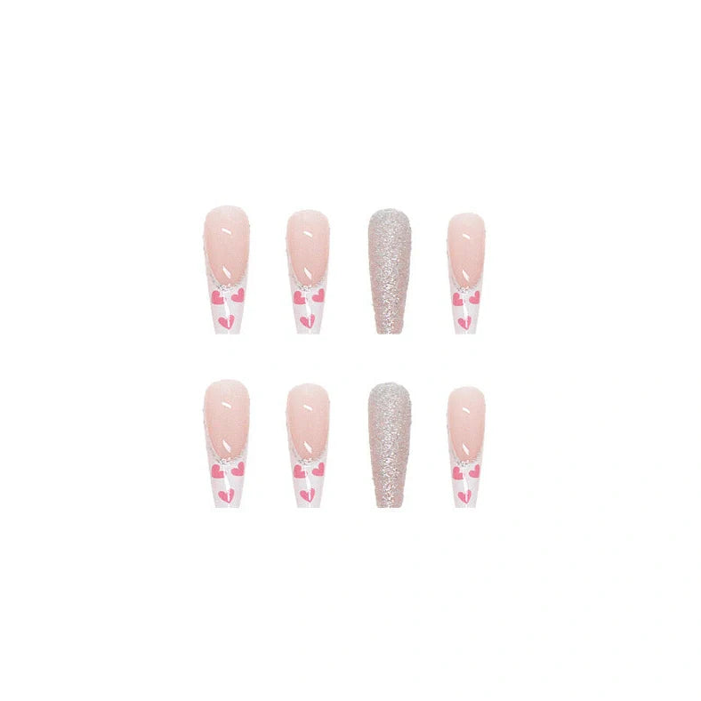 W097 shiny love pattern false nails in long ballet style with adhesive tube, 24-piece set