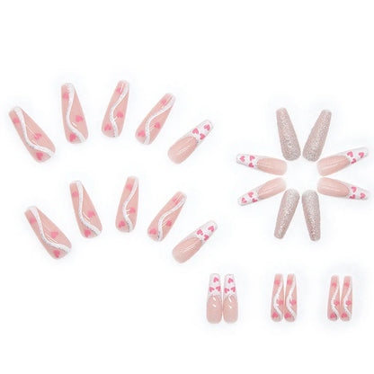 W097 shiny love pattern false nails in long ballet style with adhesive tube, 24-piece set