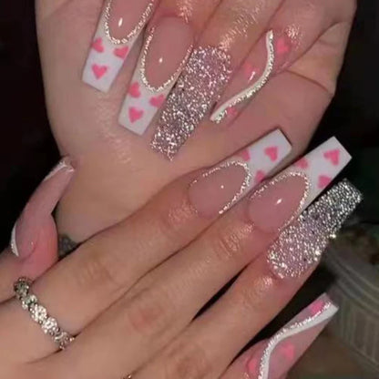W097 shiny love pattern false nails in long ballet style with adhesive tube, 24-piece set